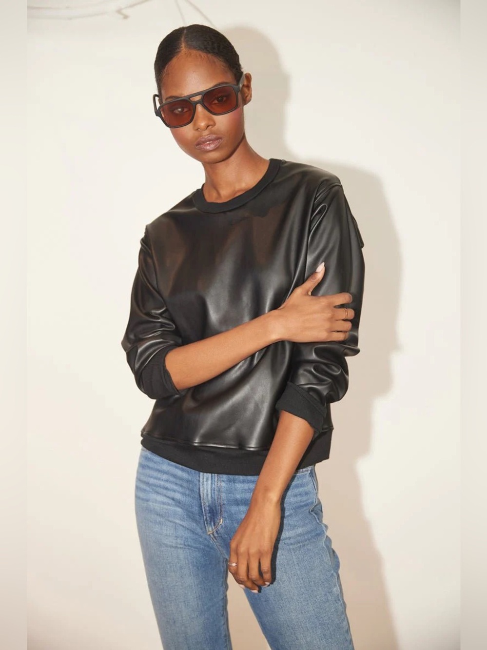 LAmade VARSITY VINTAGE FIT VEGAN LEATHER SWEATSHIRT.